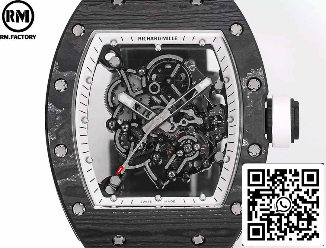 RICHARD MILLE RM055 Boîtier en fibre de carbone 1:1 Meilleure édition RM Factory la plus récente 2024 Cadran blanc 