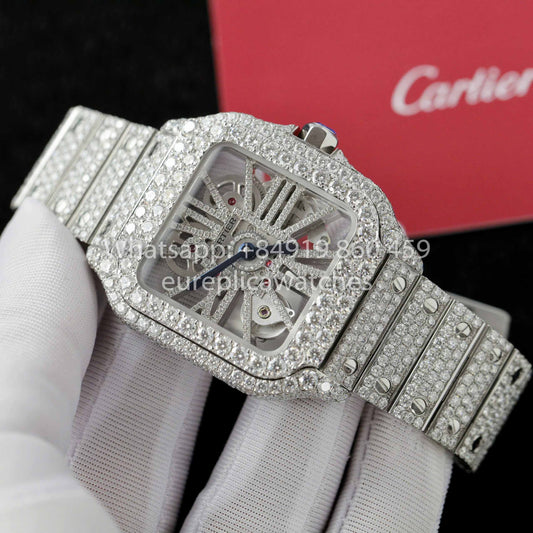 Santos De Cartier Skeleton Moissanite Iced Out Watch Square Dial  1:1 Best Clone