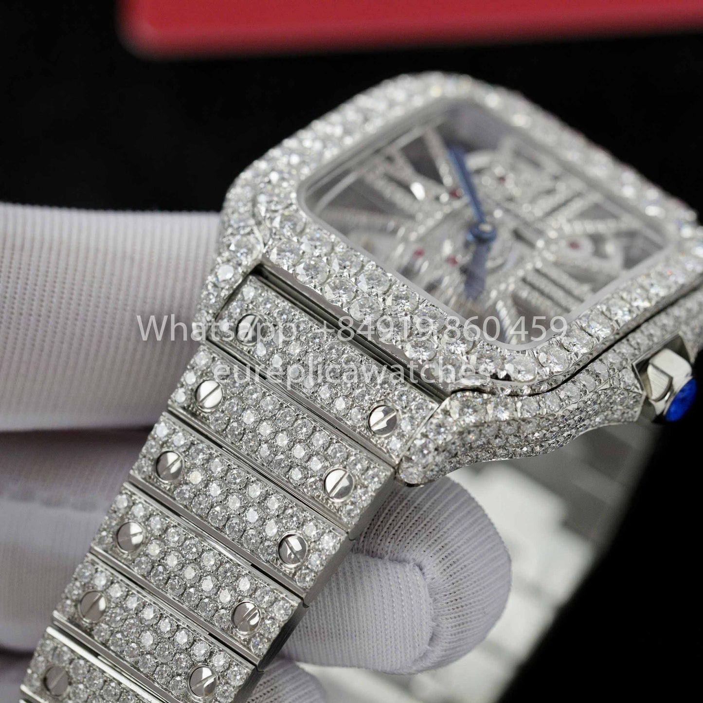 Santos De Cartier Skeleton Moissanite Iced Out Watch Square Dial  1:1 Best Clone