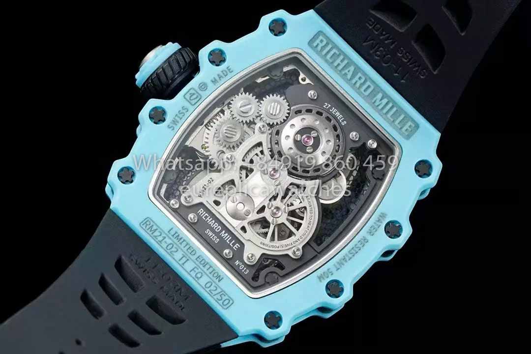 Richard Mille RM21-01  Blue Tiffany Tourbillon Watch 1:1 best Clone RM Factory Black Strap