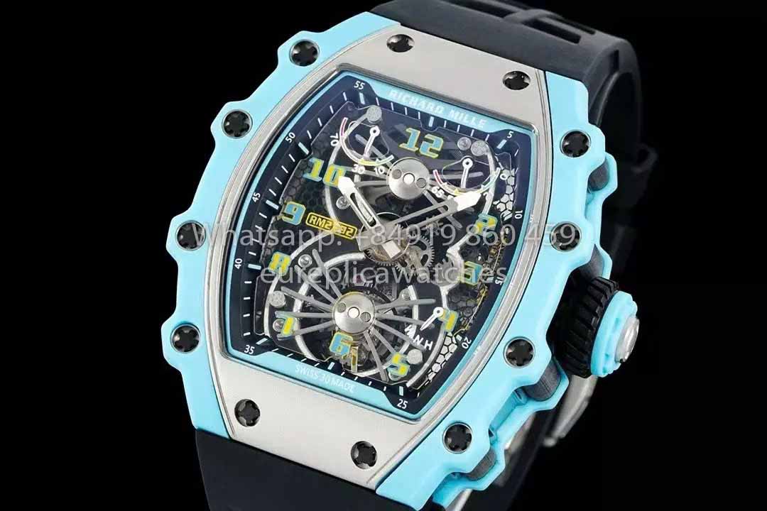 Richard Mille RM21-01  Blue Tiffany Tourbillon Watch 1:1 best Clone RM Factory Black Strap