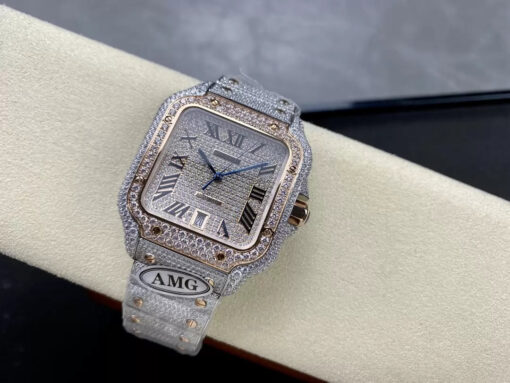 Santos De Cartier Diamond Watches Rose Gold Dial 1:1 Best Edition AMG Factory Swarovski Stone - Image 6