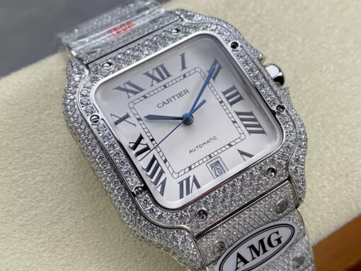 Santos De Cartier Diamond Watches White Dial and Silver 1:1 Best Edition AMG Factory Swarovski Stone - Imagen 8