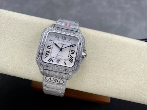 Santos De Cartier Diamond Watches White Dial and Silver 1:1 Best Edition AMG Factory Swarovski Stone - Imagen 6