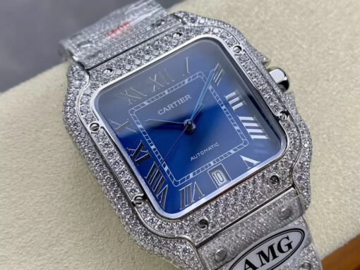 Santos De Cartier Diamond Watches Blue Dial and Silver 1:1 Best Edition AMG Factory Swarovski Stone - Image 9