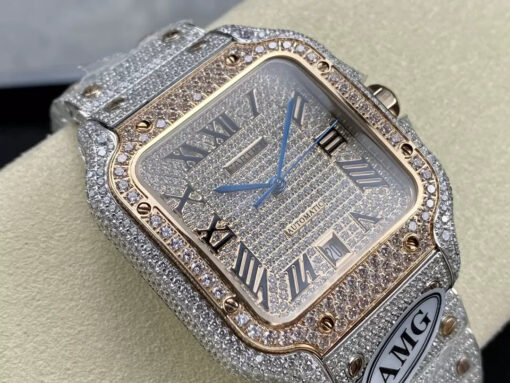 Santos De Cartier Diamond Watches Rose Gold Dial 1:1 Best Edition AMG Factory Swarovski Stone - Image 9