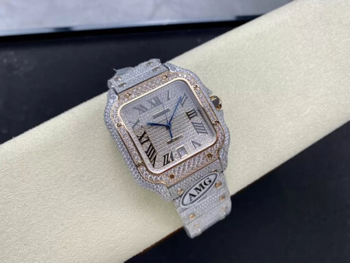 Santos De Cartier Diamond Watches Rose Gold Dial 1:1 Best Edition AMG Factory Swarovski Stone - Image 7