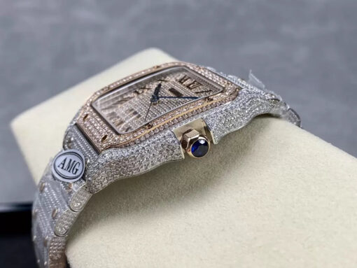 Santos De Cartier Diamond Watches Rose Gold Dial 1:1 Best Edition AMG Factory Swarovski Stone - Image 4