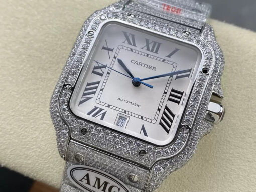 Santos De Cartier Diamond Watches White Dial and Silver 1:1 Best Edition AMG Factory Swarovski Stone - Imagen 7