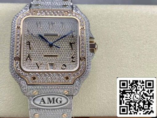 Santos De Cartier Diamond Watches Numeric Rose Gold Dial 1:1 Best Edition AMG Factory Swarovski Stone - Image 10