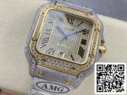 Santos De Cartier Diamond Roman Numeric Dial Yellow Gold 1:1 Best Edition AMG Factory Swarovski Stone - Imagen 8