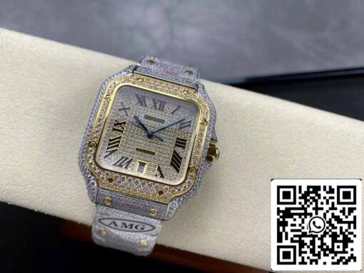 Santos De Cartier Diamond Roman Numeric Dial Yellow Gold 1:1 Best Edition AMG Factory Swarovski Stone - Imagen 6